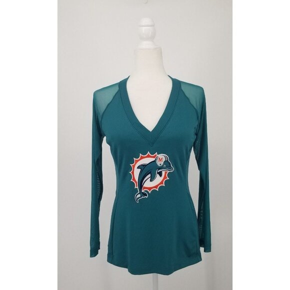 NFL MIAMI DOLPHINS WOMENS TOP LONG SLEEVE BACKLESS SPORTY SEXY CHIC TEAL SIZE L - Picture 4 of 7